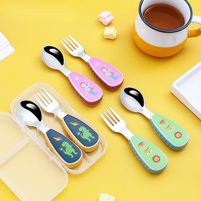 kids fork Stainless steel children's small spoon cartoon pattern baby feeding spoon and fork portable box tableware set