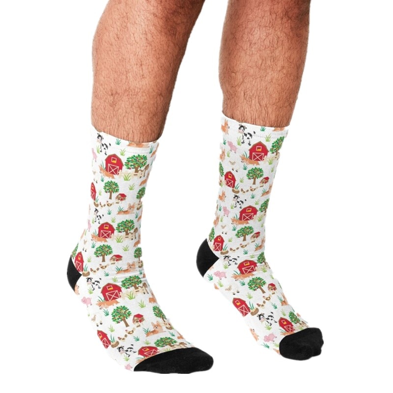 Men's Funny socks corgis on the village Socks harajuku Men Happy hip hop Novelty cute boys Crew Casual Crazy Socks for men