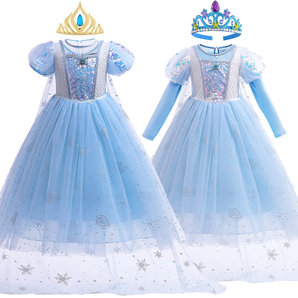 Disney Elsa Cosplay Costume Princess Theme Party Dress Fluffy Sequin Tulle Puff Sleeve Frock Frozen Baby Girl Role Play Outfits