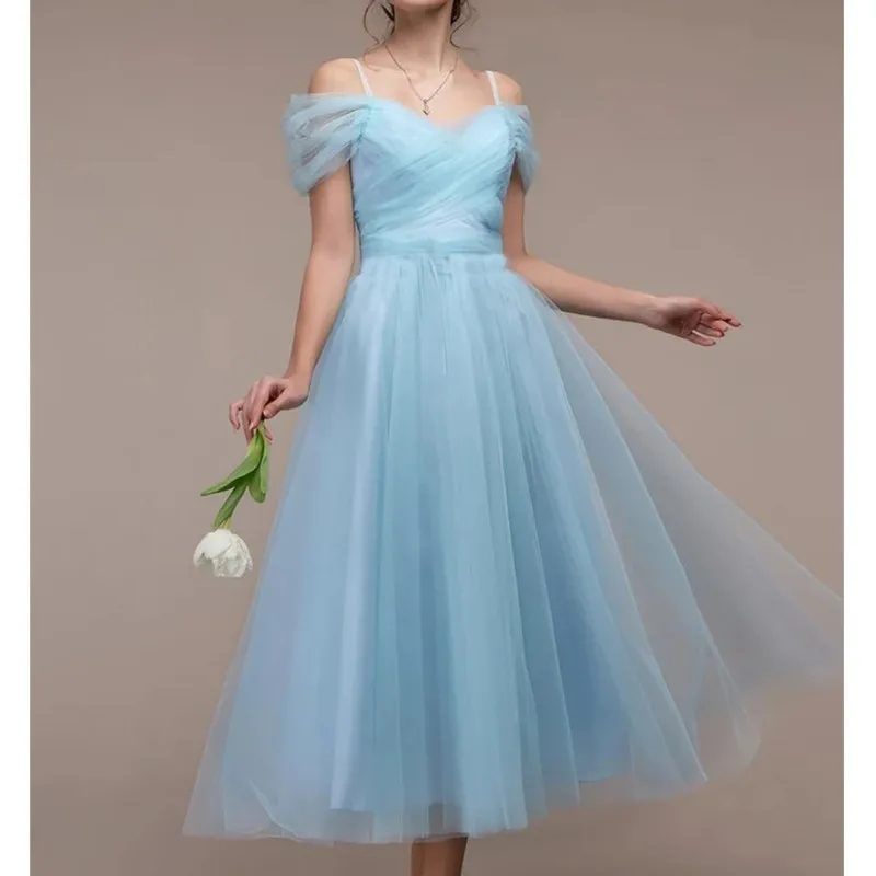 Women's Romantic Off Shoulder Ceremony Dresses Elegant Long Party Wedding Cocktail Bridesmaid Mesh Tulle Midi Wrap Gala Dre