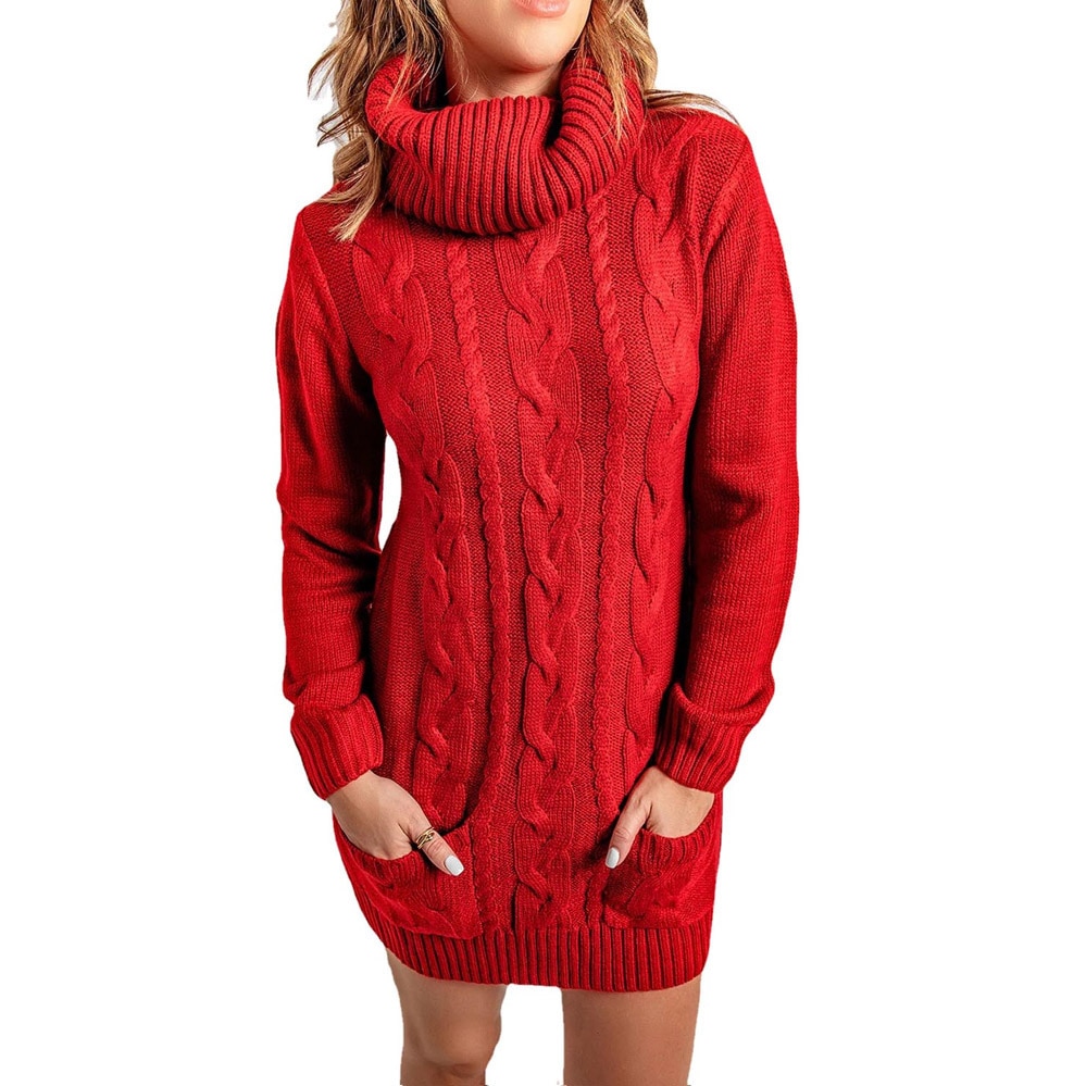 women turtleneck long sleeve knitted sweater Solid casual red/black/khaki pullover 2022 jersey femme jumper