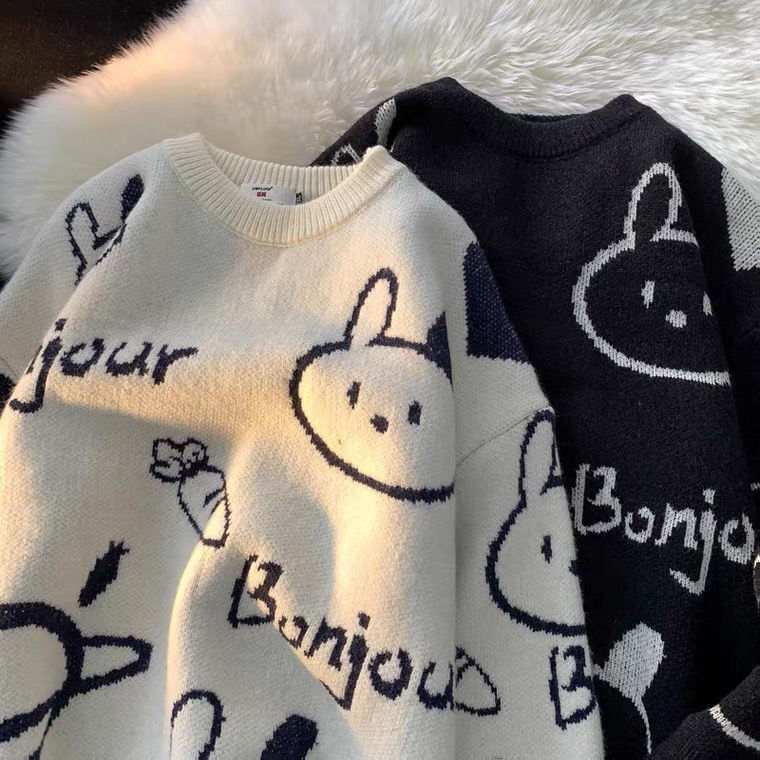 Sweater women's 2022 winter new round neck outer wear loose student winter clothes cute cartoon knitted bottoming shirt
