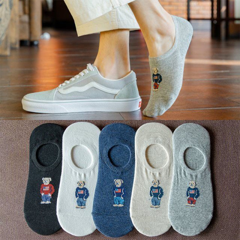 5pairs/lot Fashion Men's Boat Socks Non-slip Invisible Silicone Cotton Ankle Slippers Cartoon Bear Summer Autumn Socks