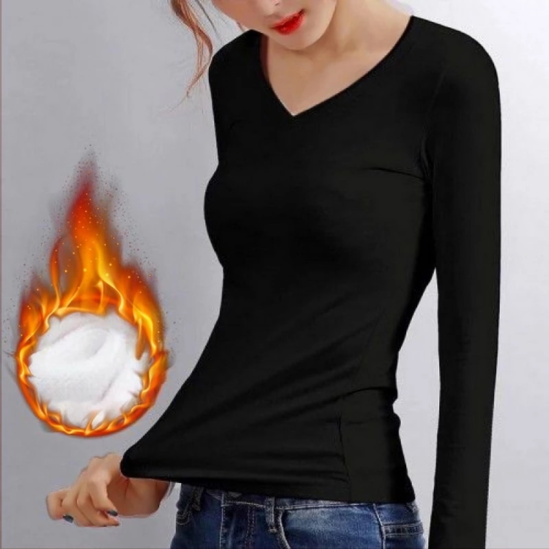 ASHEYWR Women Slim Tops Autumn And Winter Long Sleeves Bottoming Shirt Underwear Heating Fiber Thermal Knitted Top Female