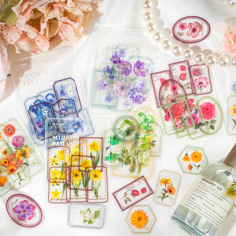 Journamm 40pcs/pack Transparent PET Flower Stickers Decor Journaling DIY Scrapbooking Waterproof Stickers Collage Stationery