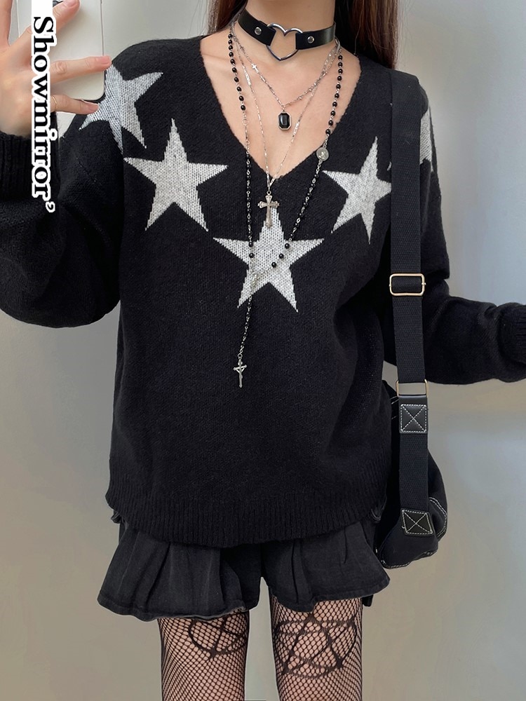 Showmirror Star Gothic Sweater Winter Black Women Clothes V Neck Long Pullover Loose Punk Streetwear Tops Women Casual Top Teac