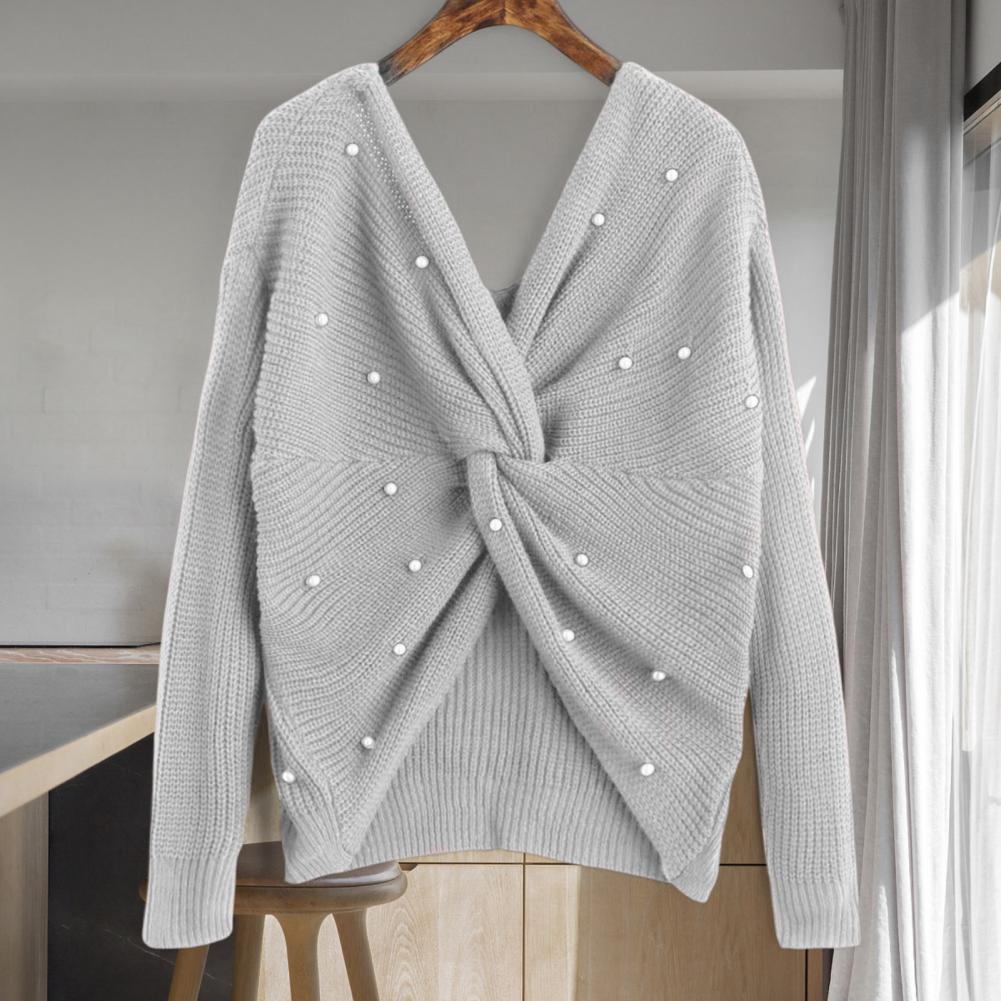 Cold Resistant Loose Fit Women Back Criss Cross Beading Pullover Sweater for Outdoor