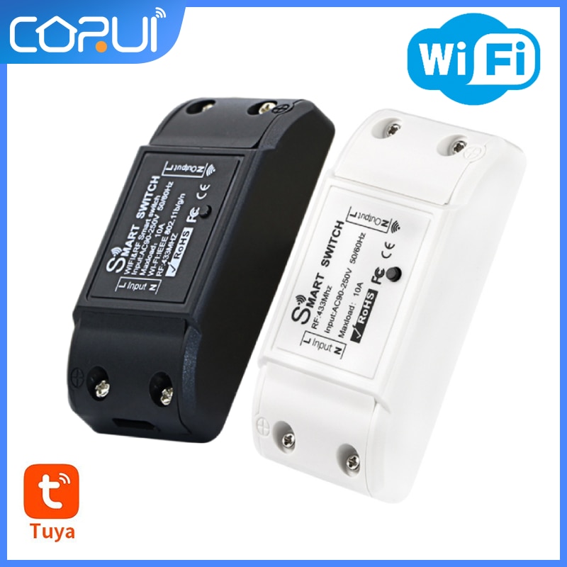 CoRui Tuya Smart Switch WiFi + RF Single Circuit Breaker 100-245v 433MHZ Black Dual WiFi RF Remote Control Lamp For Android IOS