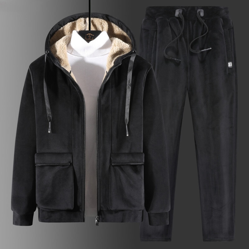 2022 Winter Thick Men Sports Suit Tracksuit Hooded Sportswear Zipper Cardigan Hooded+elastic Pants Casual Men's Fleece Warm