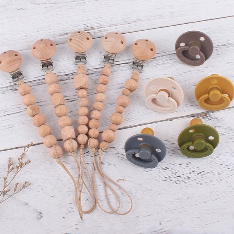 Cute Bead Pacifier Clips Wooden Dummy Pacifiers Chain Holder Newborn Soother Chains Nipple Holder for Babies
