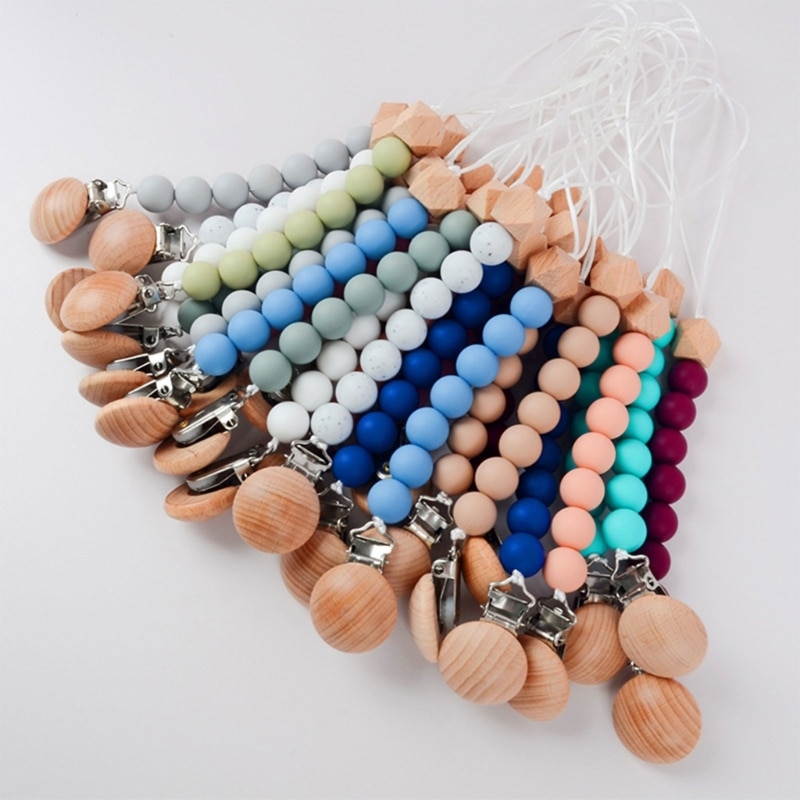 Cute Wooden Bead Pacifier Clips Silicone Dummy Chain Holder Newborn Soother Chains Nipple Holder for Babies