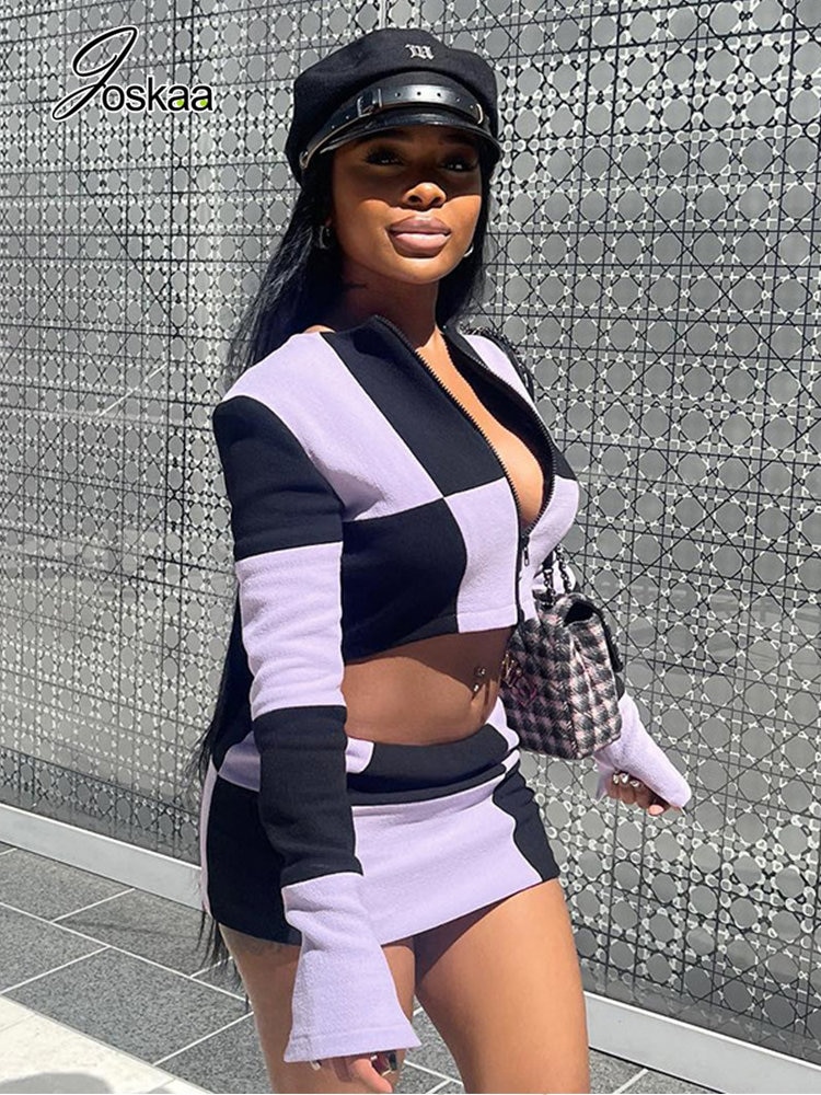 Joskaa Contrast Color Two Piece Set Women Sexy O-neck Long Sleeve Zipper Crop Top and Mini Skirt Matching Autumn 2022 Streetwear