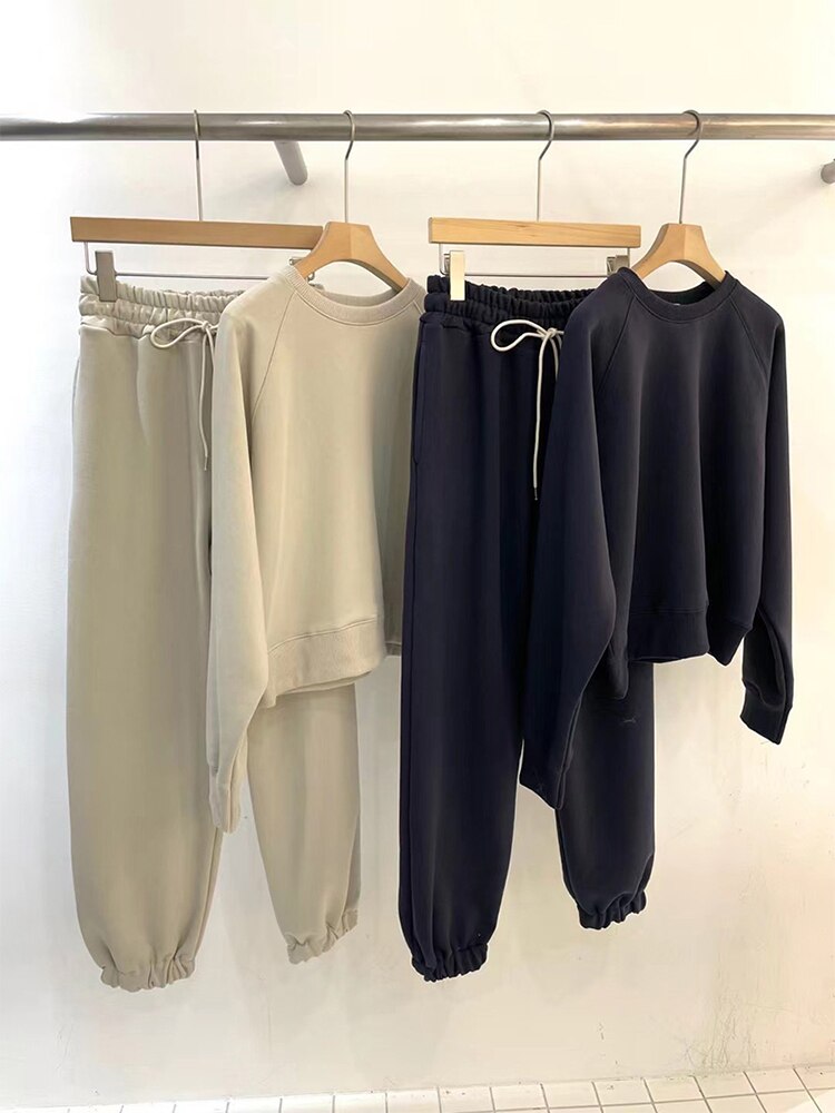 Women 2022 Autumn Winter Solid Color Casual Two Piece Set O-neck Loose Long Sleeve Sweatshirts+Drawstring Tie Up Sweatpants Cozy