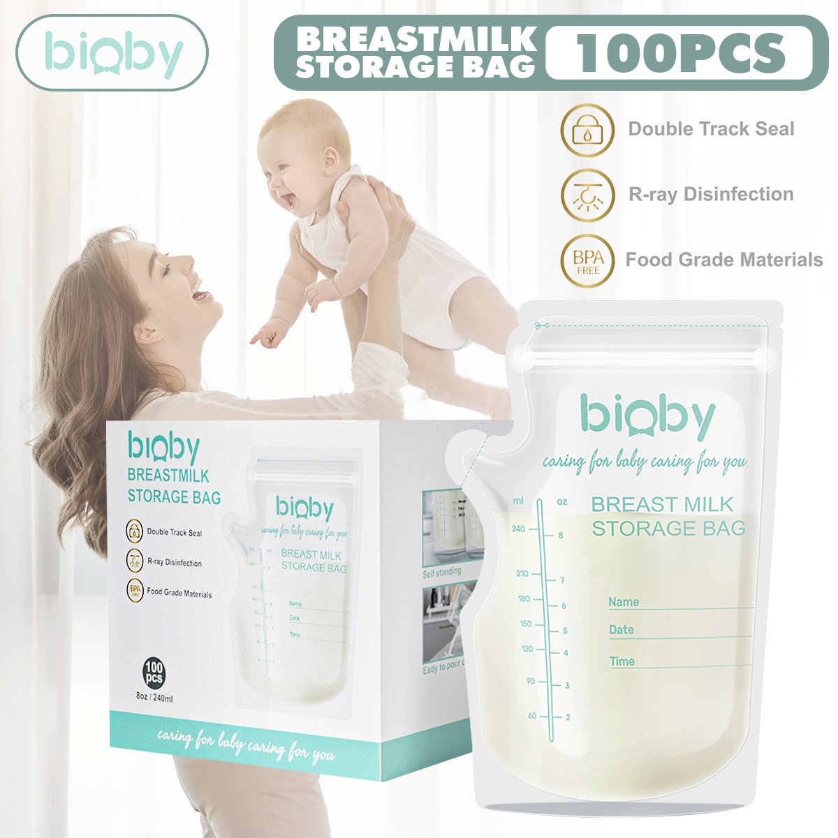 Bioby 100 Pcs Breastmilk Storage Bags 8OZPre-Sterilized, BPA Free, Self-Standing Bag, Space Saving Flat Profile