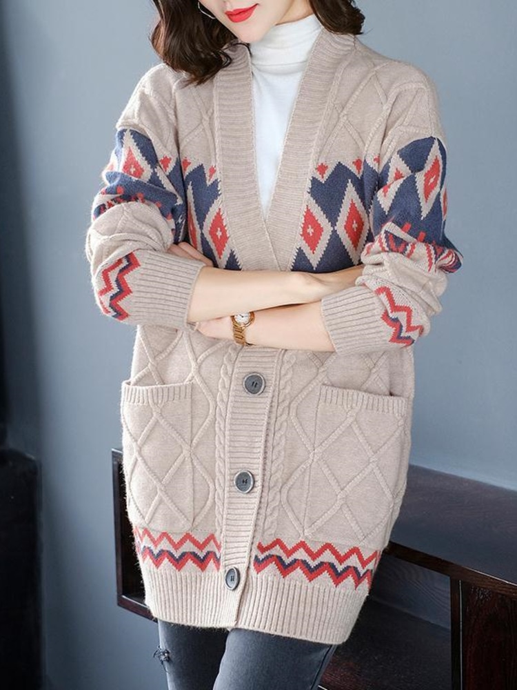 Women V Neck Knitted Cardigan Sweater Single Breasted Temperament Vintage Long Sleeve Fashion Jumper Tops Clothing New 2023