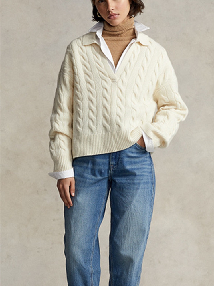 Women's Twist Wool Blend Solid Color Sweater Turn-Down Collar Long Sleeve Knit Pullover Autumn Winter Lady Bottoming Jumper