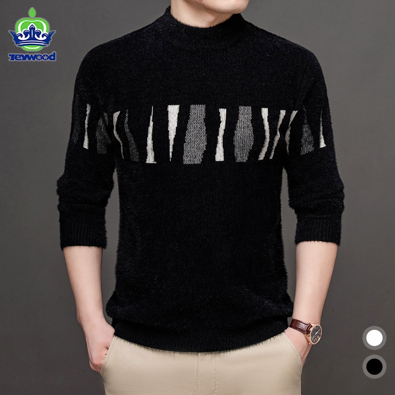 Winter Warm Sweaters Men Fashion Pattern Slim Korean Black White Thick Streetwear Mink Half Turtleneck Sweater Pullovers Male
