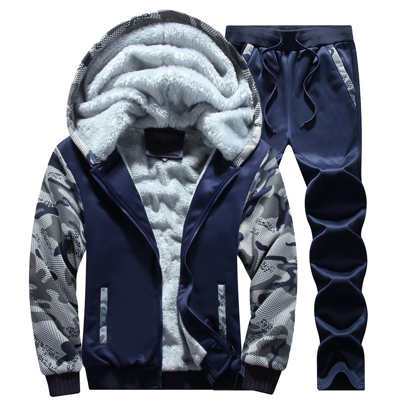 2022 Mens Camo Tracksuit Winter Warm Set Fleece Hoodies for Men Brand Thicken Hoodie + Pants Mens Suits Male Clothing Streetwear