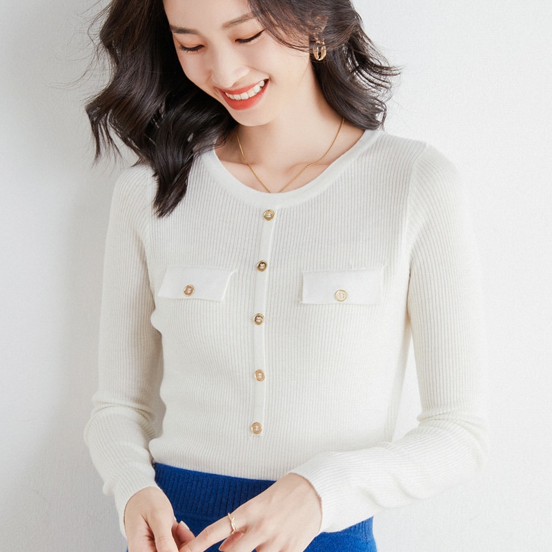 Fashion Small Fragrant Style Superfine Wool Sweater Women's Round Neck Pit Pattern Knitted Long Sleeve Fake Pocket Autumn W