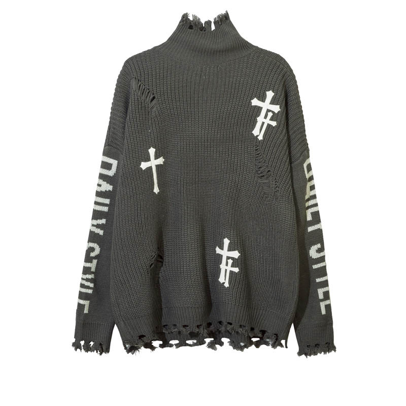 Oversized Black High Street Knitted Sweater Harakuju Ripped Jumpers Loose Pullover Sweater For Male Tops