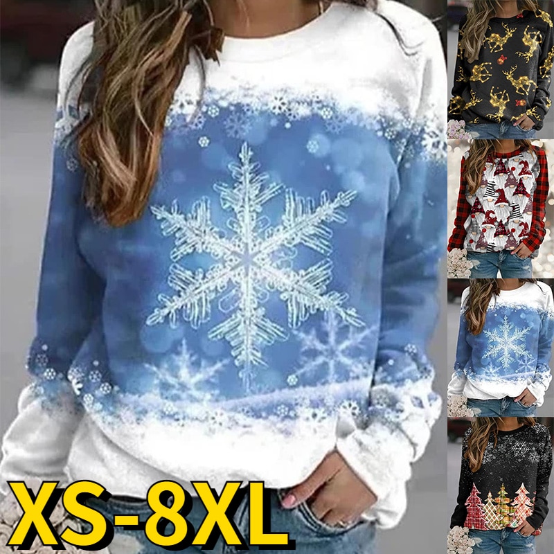 2022 New Snowflakes Printing Pullover Tee Shirt Retro Elegant Tops Round Neck Sweater Autumn Winter Women's Casual Long Sle