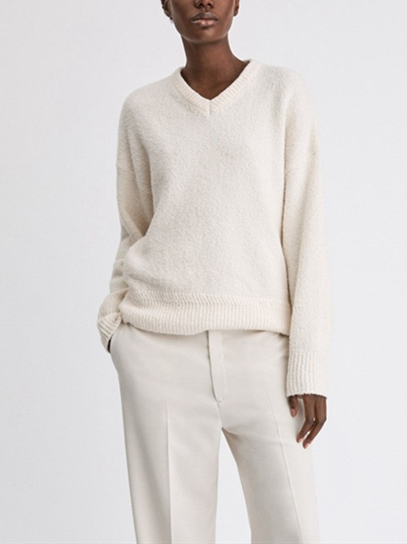 Women Elegant White V-Neck Sweater Long-Sleeved All-Match Ladies Solid Color Dropped Shoulders Pullover Knitwear 2022 Autumn New