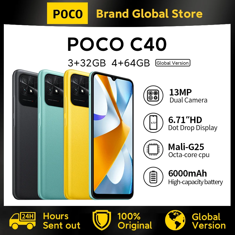 Global Version POCO C40 Smartphone 3GB 32GB/4GB 64GB 6000mAh Battery 6.71”Display JLQ JR510 Octa-core 13MP Main Camera Cellphone
