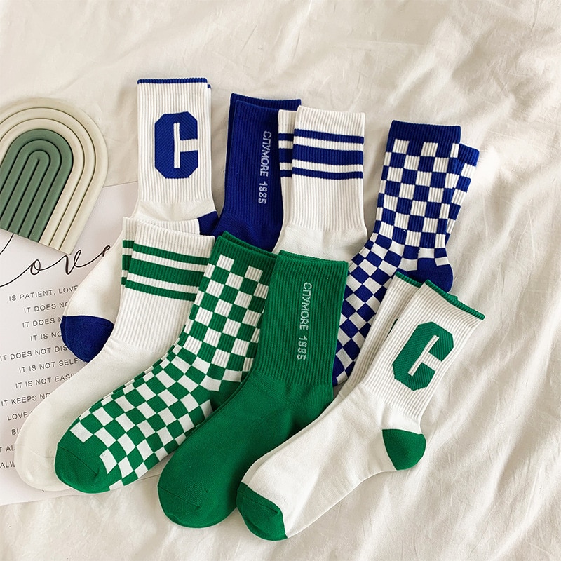 Women Spring and Summer New Ins Checkerboard Socks Online Celebrity Trend Letter Big C Socks Green Striped Letter Socks