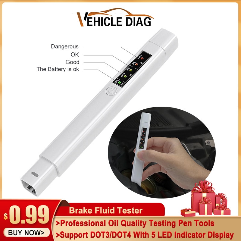 Brake Fluid Tester Auto Liquid Testing Oil Quality Pen Diagnostic Tools for DOT3/DOT4 Automotive Pen 5 LED Indicator Display