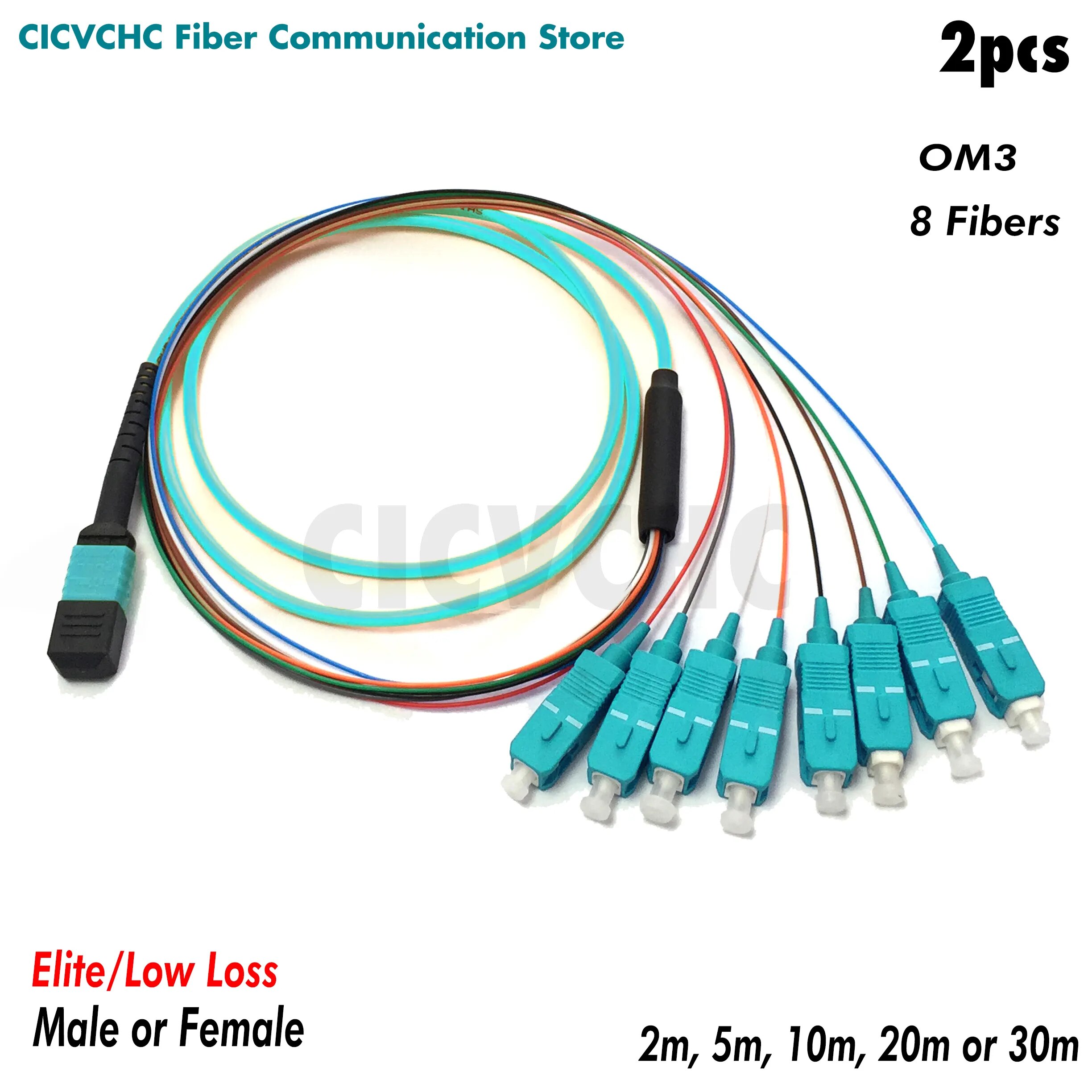 2pcs 8 fibers-MPO/UPC Fanout SC/UPC -OM3-300-Elite/Low loss-Male/Female with 0.9mm-2m to 30m/MPO Assembly