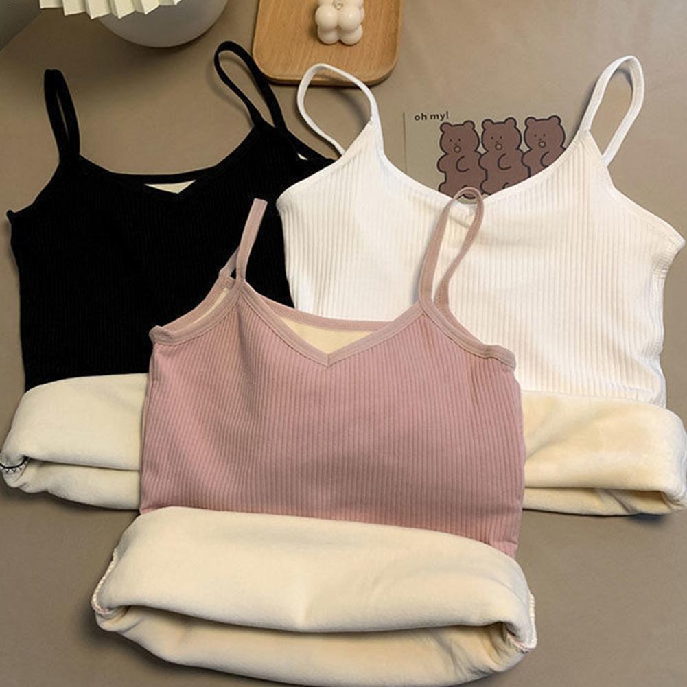 Women Winter Plus Velvet Warm Vest Thick Inner Bottoming Shirt Sling Vest Fashion Soild Color Sleeveless Thermal Tank Underwear