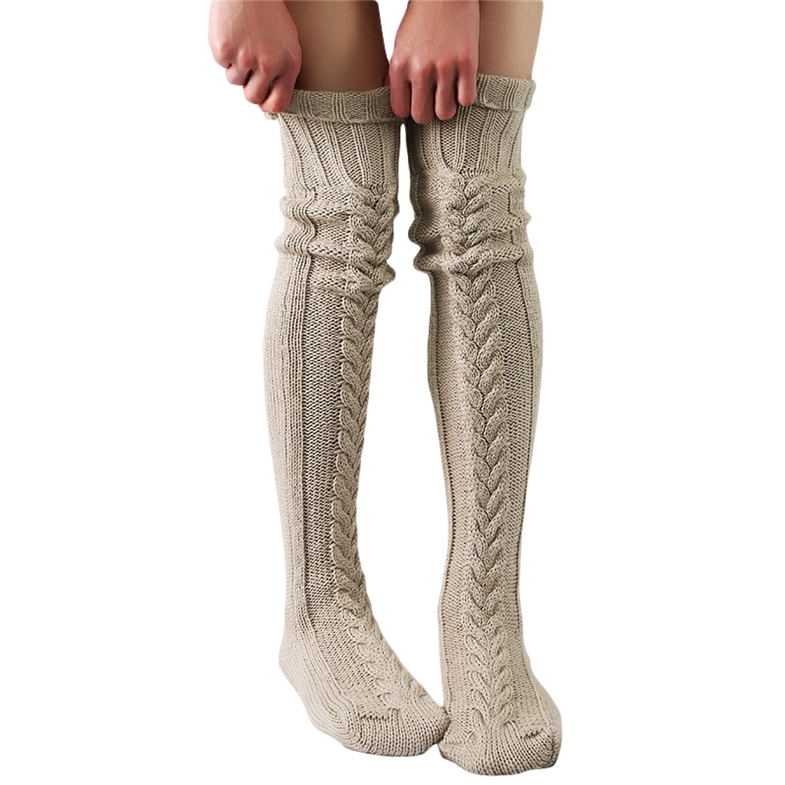 Women's Cable Mid-Length Cotton Pile Knit Stockings College Style Thigh Tall Socks Winter Solid Color Over-the-Knee Legging