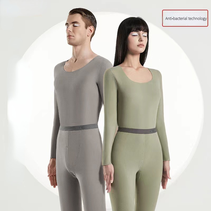 Thermal Underwear Set Women Men Winter Warm Shirt Round Neck Seamless Tracksuit Fleece Pair Solid Antibacterial Ladies Clothing