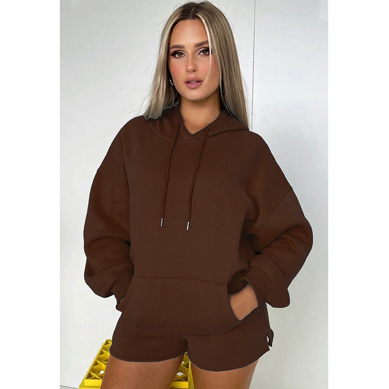 Autumn and Winter New Products Solid Color Thickening and Fleece Hooded Long-sleeved Sweater Women's Fashion Casual Shorts 