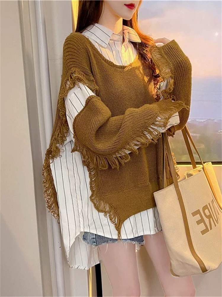 Hsa Korean Fashion 2022 Women Chic Tassel Patchwork Sweater and jumpers Loose Streetwear Shirt Patchwork 2 pcs Sweater Pull Femm