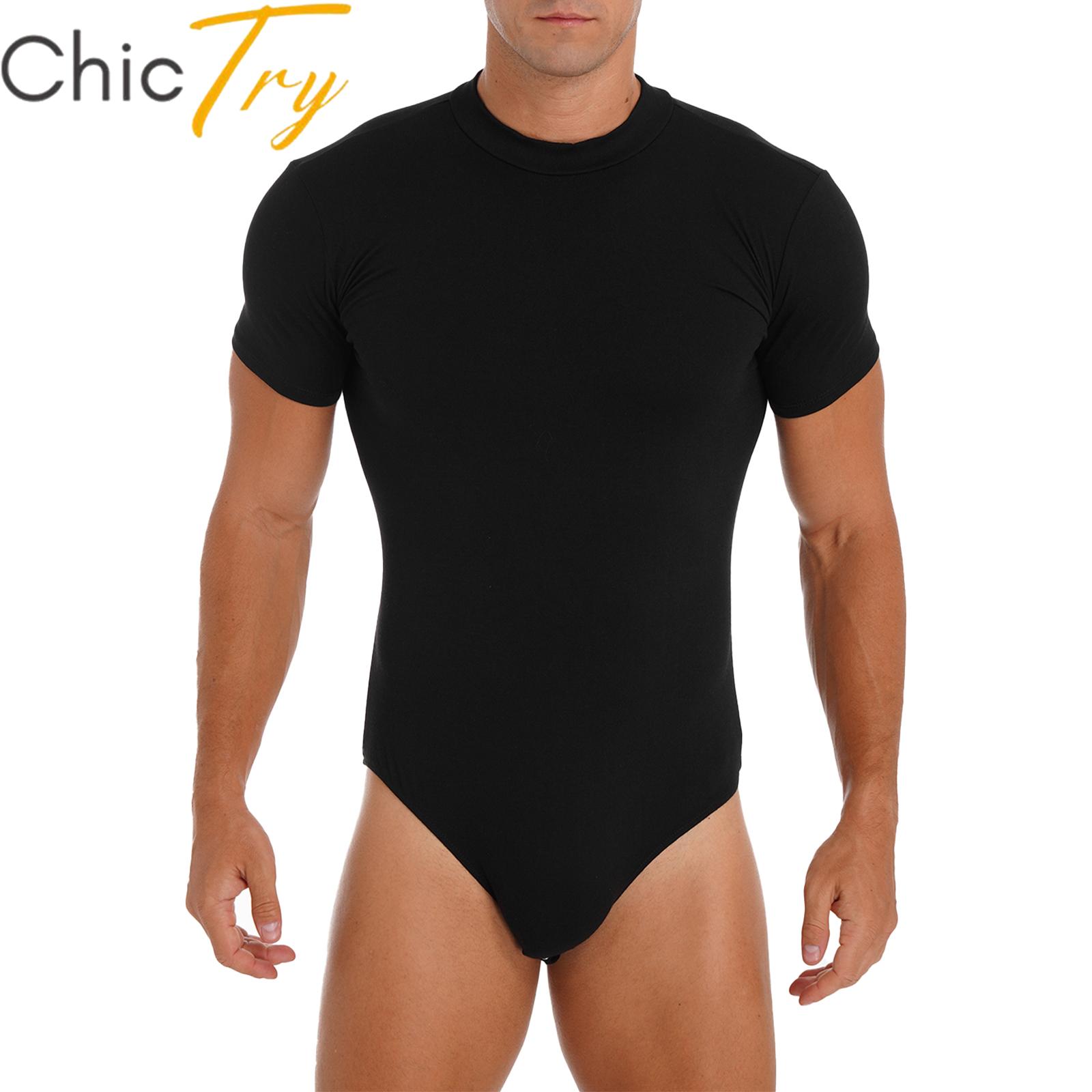 Mens Bodysuit Crew Neck Short Sleeve Leotard Undershirt Press Button Crotch Sleepwear Casual Daily Solid Color Skinny Jumpsuit