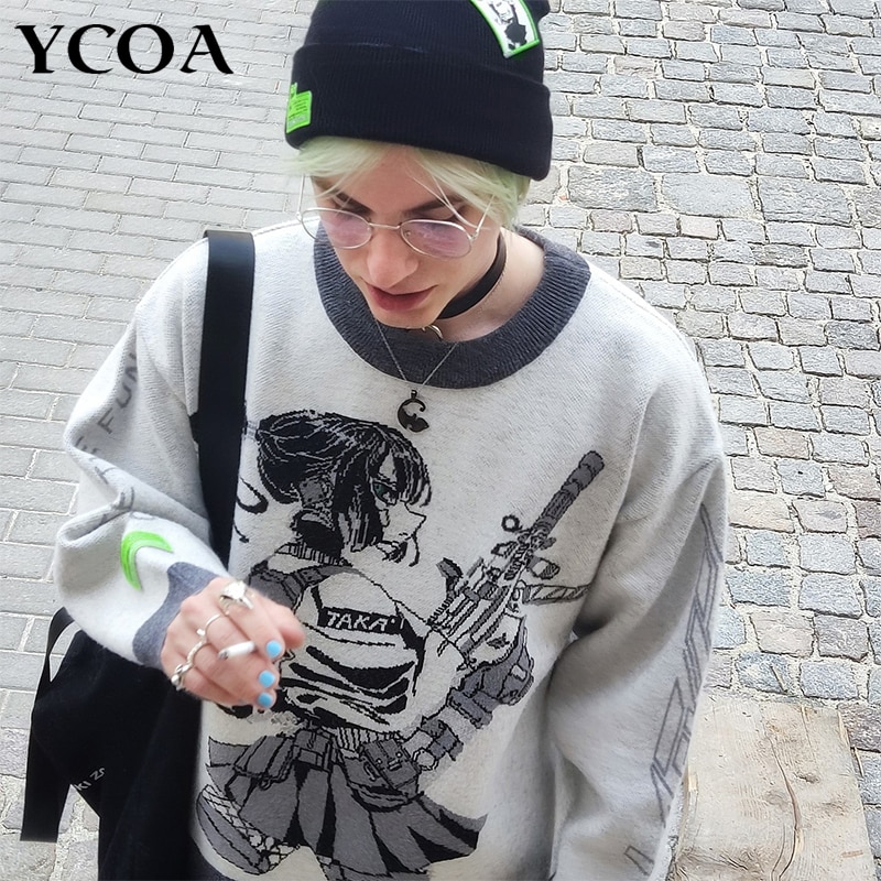 Men Sweater Oversize Winter Knit Harajuku Anime Hip Hop Jumpers Cartoon Streetwear Long Sleeve Top Vintage Y2k Pullover Clothing