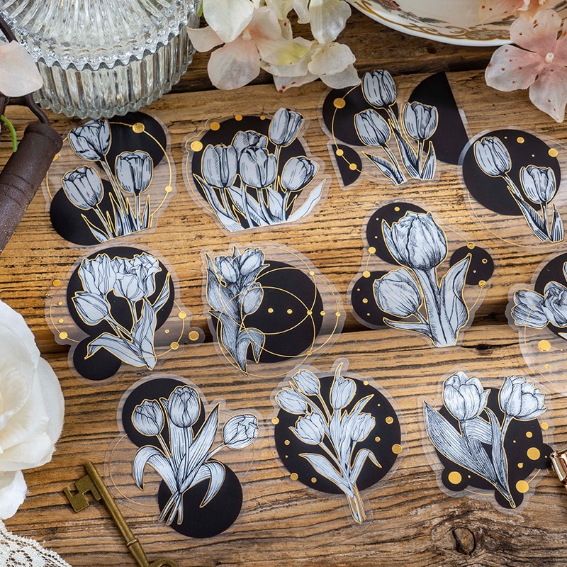 30 Pcs/ pack White Black Flowers DIY Waterproof Decorative Stickers