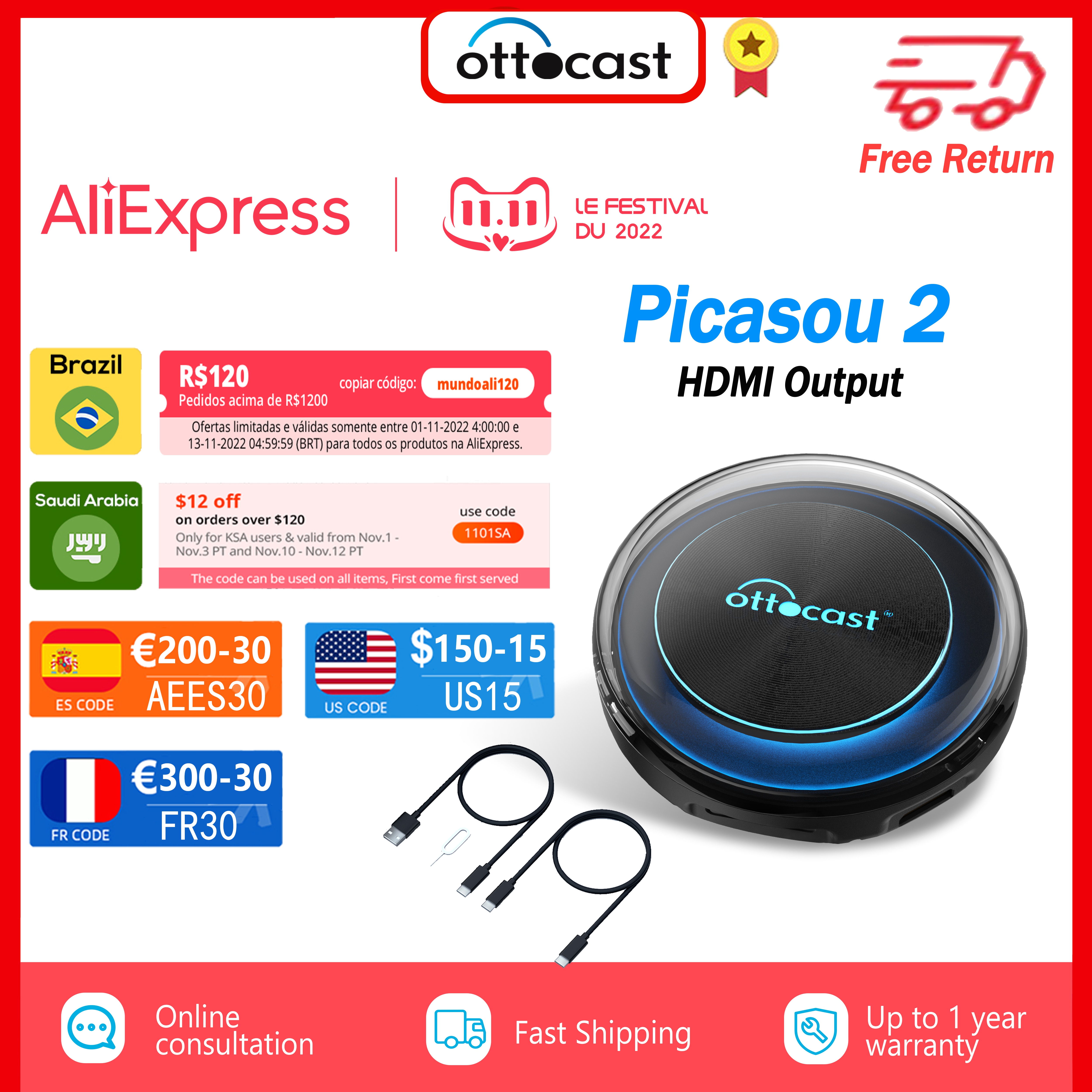 Ottocast Picasou 2 CarPlay Android box in car,Snapdragon 665 Android 10 HDMI Radio,Wireless CarPlay,Android Auto,Netflix,Youtube