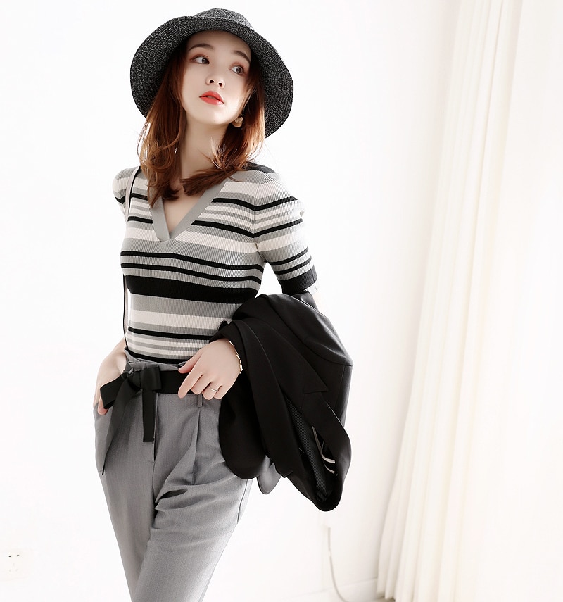 Short Sleeve Knit Women's French Slim Fit Half Sleeve V Neck Contrast Stripe T-Shirt Top