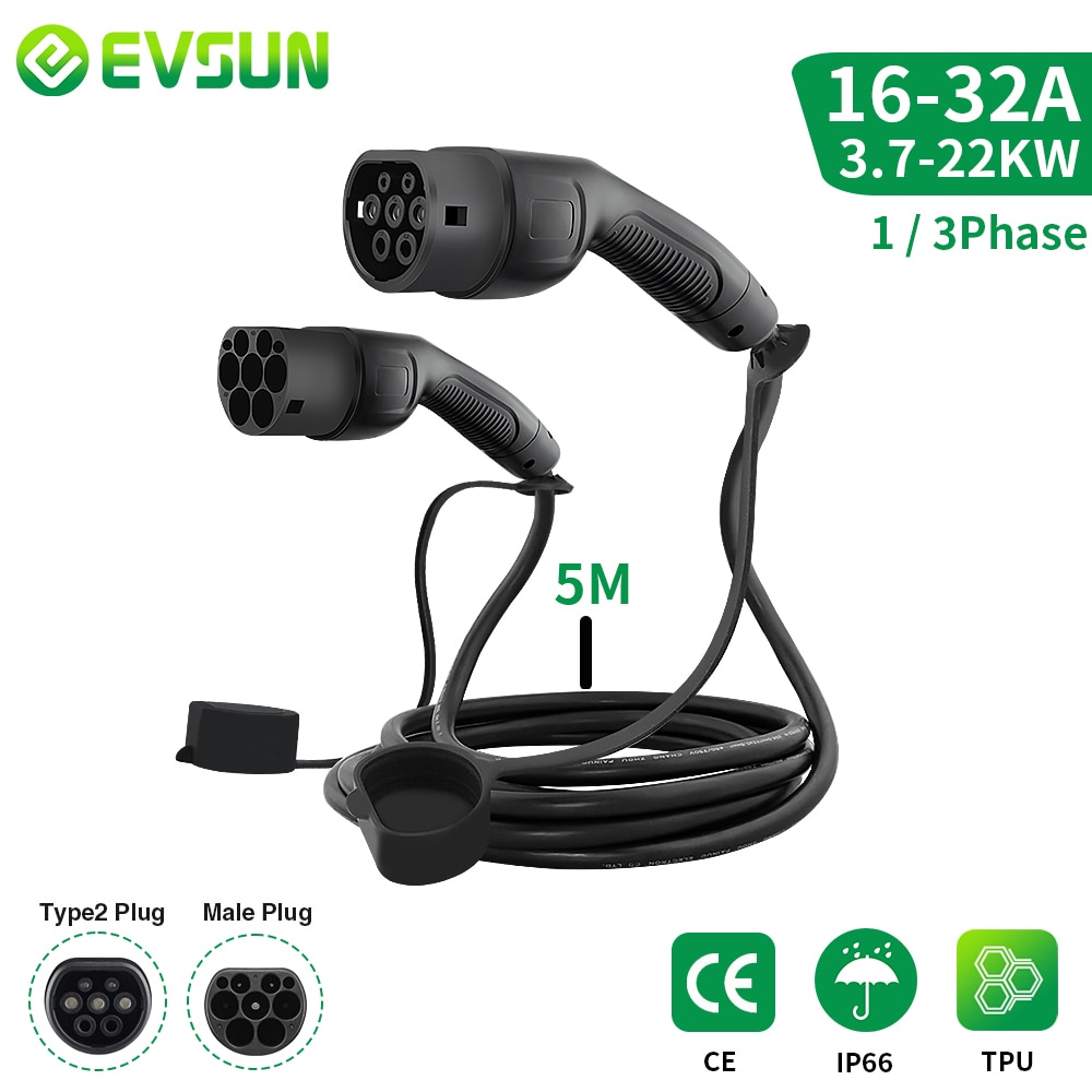 EVSUN EV Car Charger Charging Cable 1 Phase or 3 Phase Electric Vehicle 16A-32A Type 2 Female to Male IEC 62196 Plug Length 5M