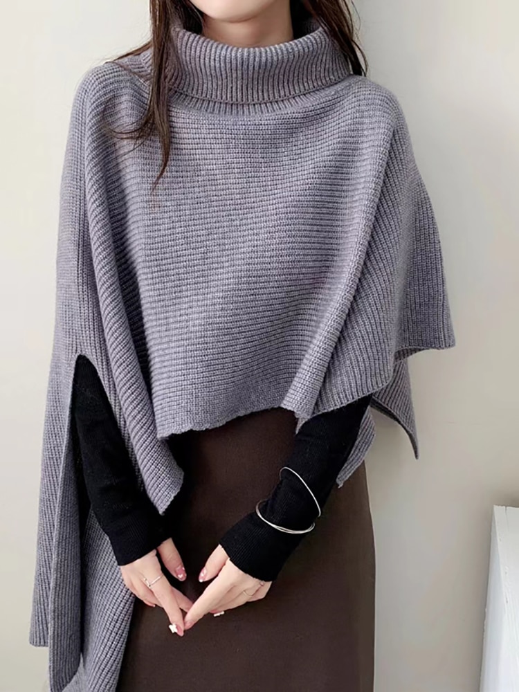 Abrini Winter Shawl Turtelneck Sweaters Women Thermal Knitted Cape Sweater Women Solid Irregular Casual Sweater 2022 Fall