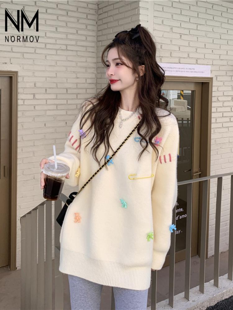 NORMOV Women Sweet Sweater Winter Casual Bear Embroidery Knitted Pullover Tops Autumn O-Neck Loose Fashion Sweaters Women