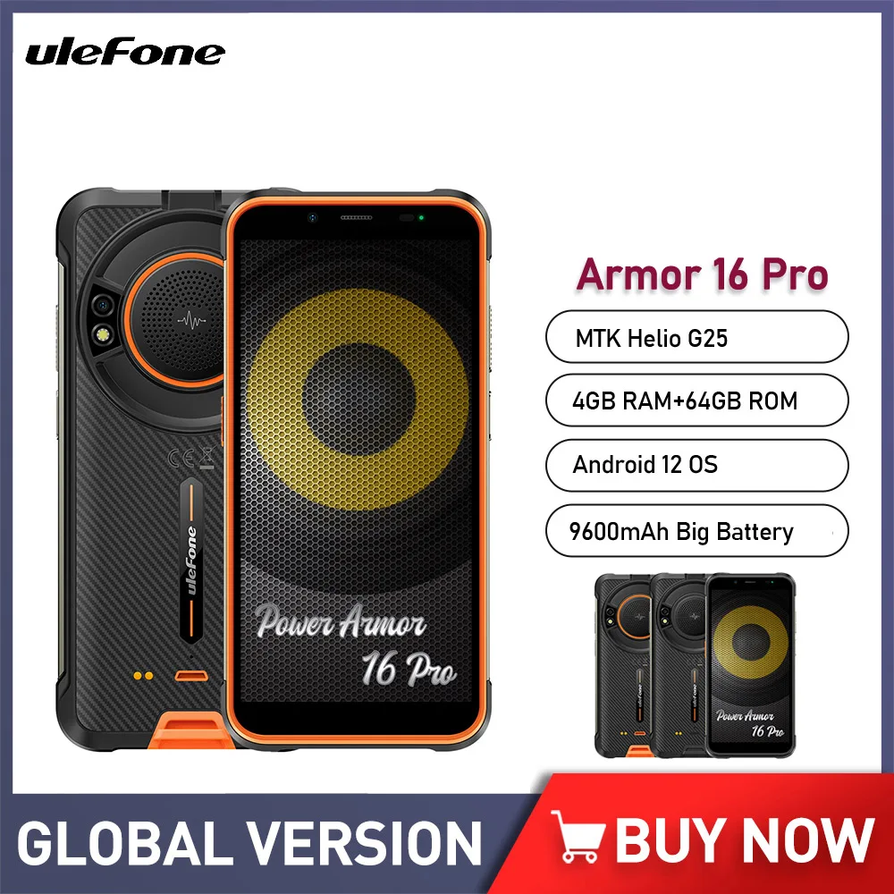 Ulefone Power Armor 16 Pro Android 12 Mobile Phone Helio G25 IP68 Rugged Cellphone 4GB 64GB 5.93" Smartphone 9600mAh 3-Card