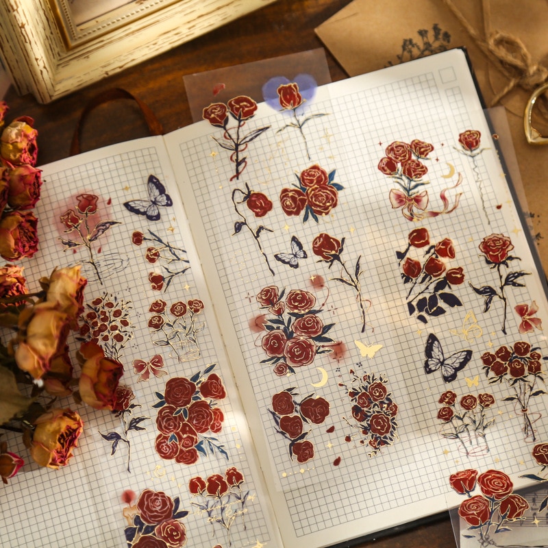 3 Sheets Vintage Golden Rose Aesthetic Flower Stickers Pack Fresh Plant Hand Account DIY Material Decorative Stationery Stickers