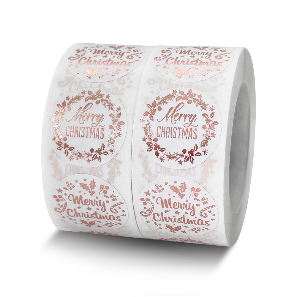 100-500 Pcs 1inch/2.5cm Merry Christmas Rose Gold Round Laser Gift Seal Sealing Stickers with Waterproof Wedding Holiday Label