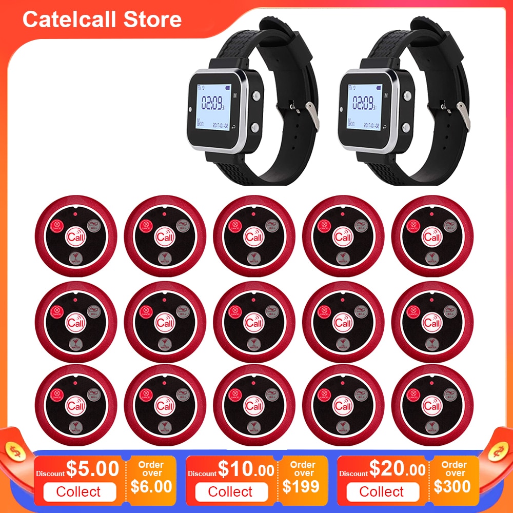 CATEL Cafe Waiter Service Buzzer 15 Restaurant Table Call Button Transmitter 2 Watch Waiter Pager Wireless Calling System