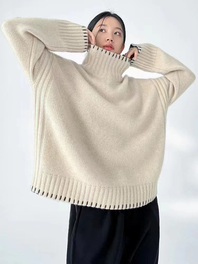 100% Pure Wool Cashmere Sweater Women's High Neck Pullover Fashion Korean Loose Knitwear 2022 Autumn Winter New Tops Large 