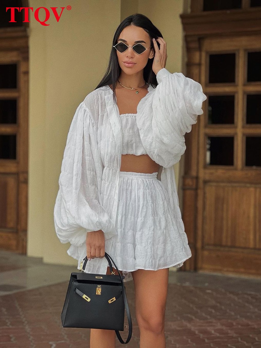 TTQV Elegant Puff Sleeve Shirt Bra Shorts Women's Sets Autumn Loose Shirts Strapless Bra And High Waist Shorts Three Piece 