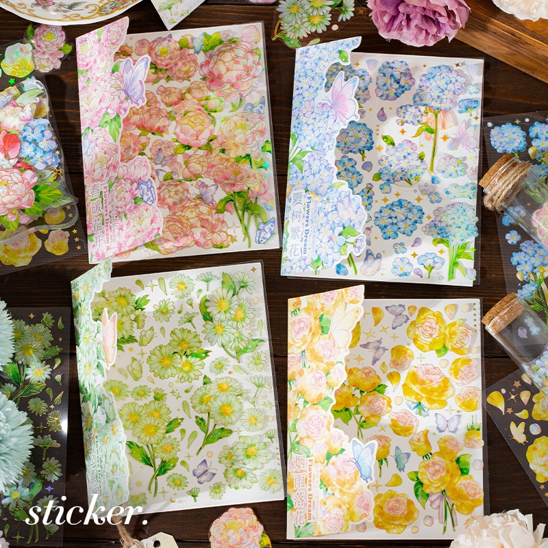 2 Sheets Flowers and Dreams Decorative Stickers Golden Plants Hand Account Scrapbooking Label Diary Phone Junk Journal Planner